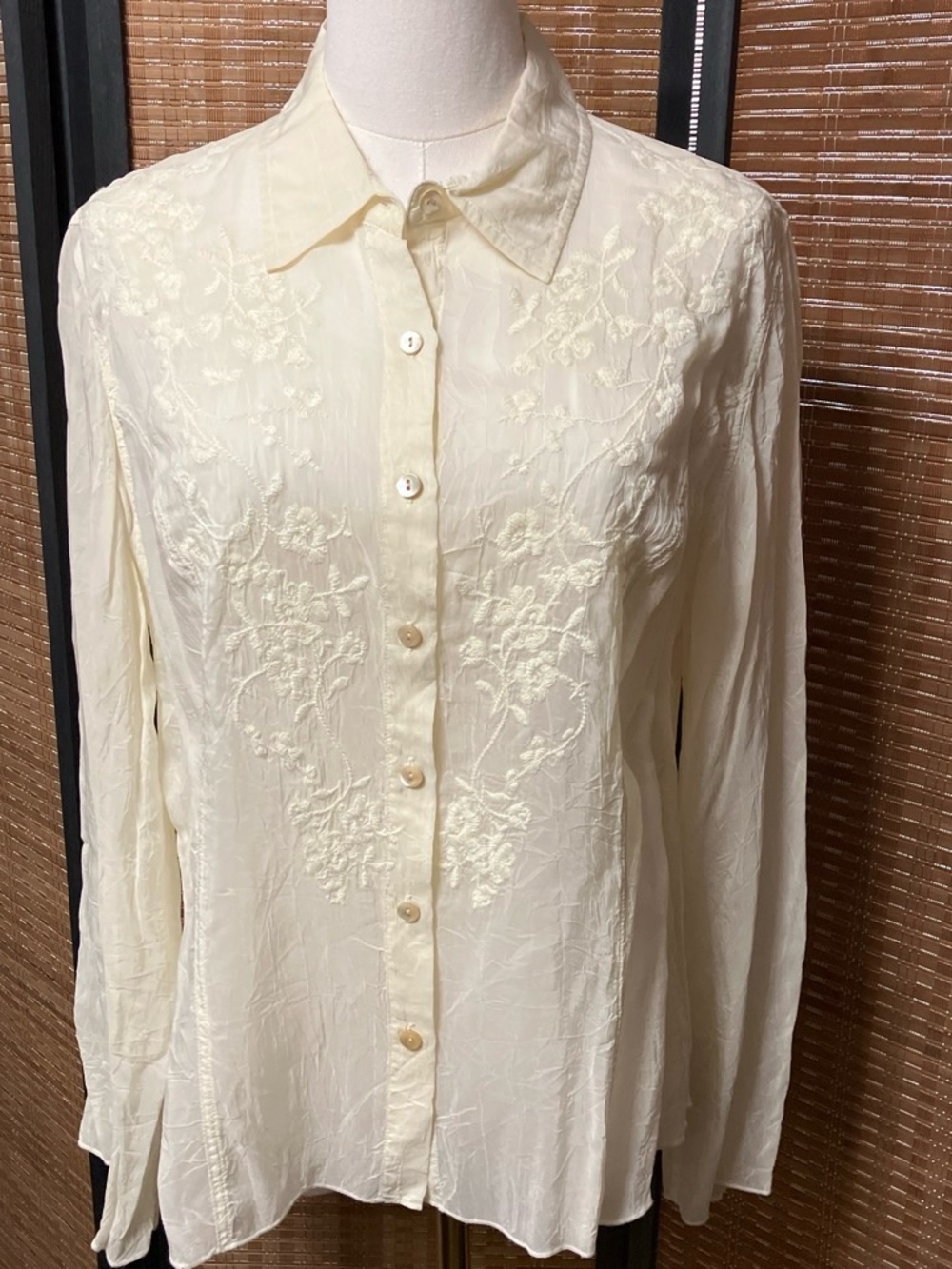 J. Jill Cream Embroidered Button Front Blouse